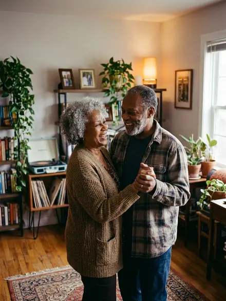 An older couple slow dancing in their lamp-lit living room