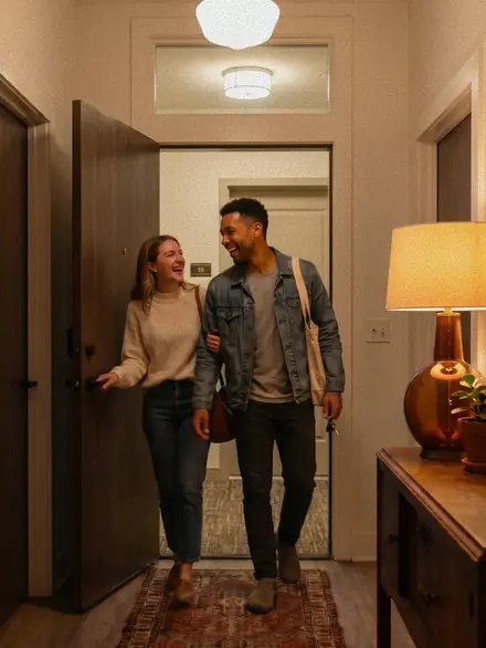 A couple walking into their new home