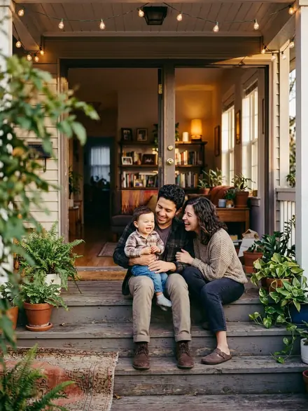 A young family sitting on their front porch steps at golden hour