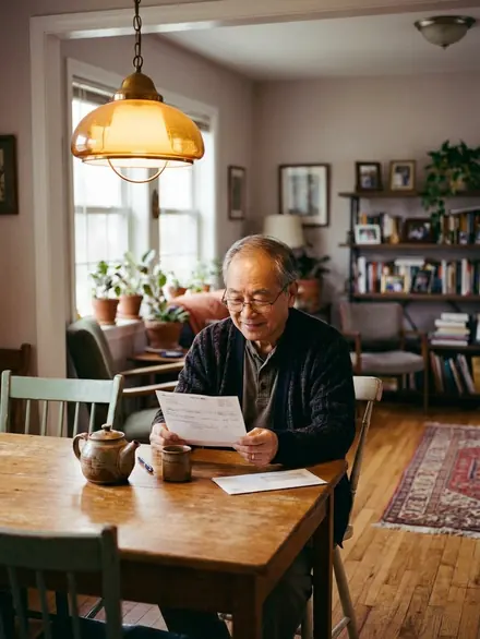 An older man reading a paper bill at his kitchen table