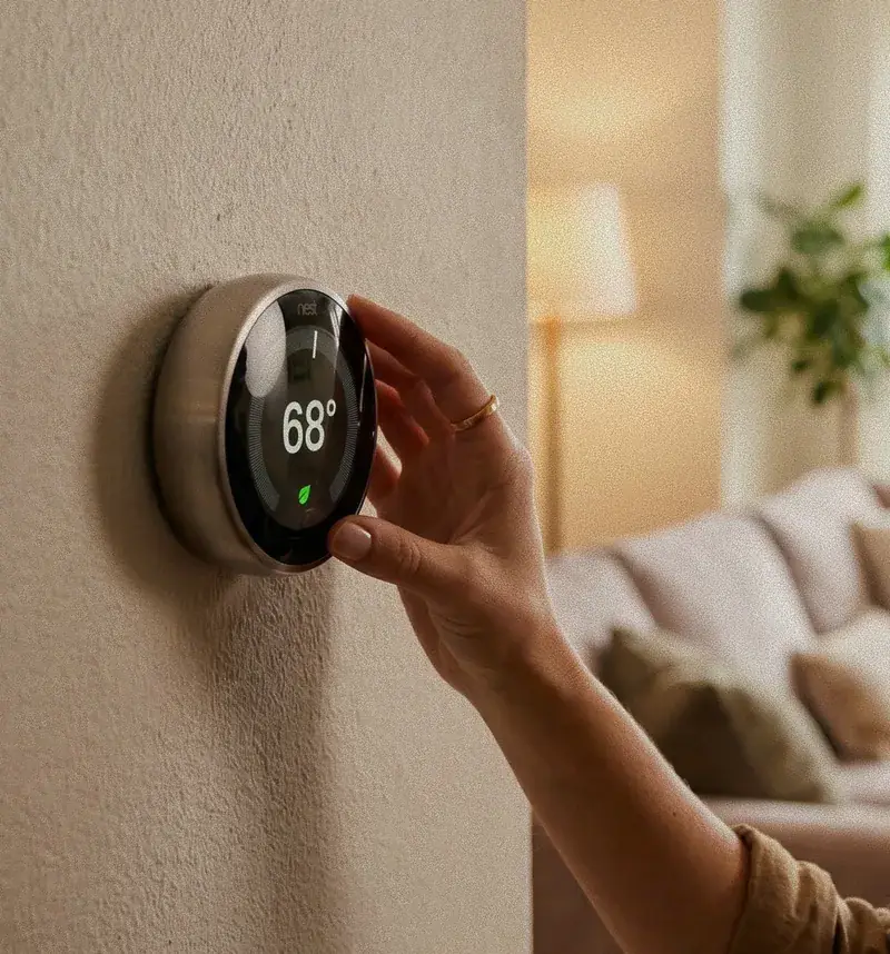 A hand adjusting a smart thermostat on the wall