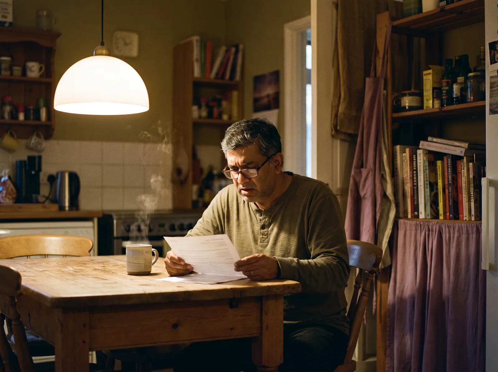A man at his kitchen table in the evening, reading his electric bill over a cup of tea
