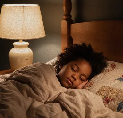 A child asleep in a warm, lamp-lit bedroom