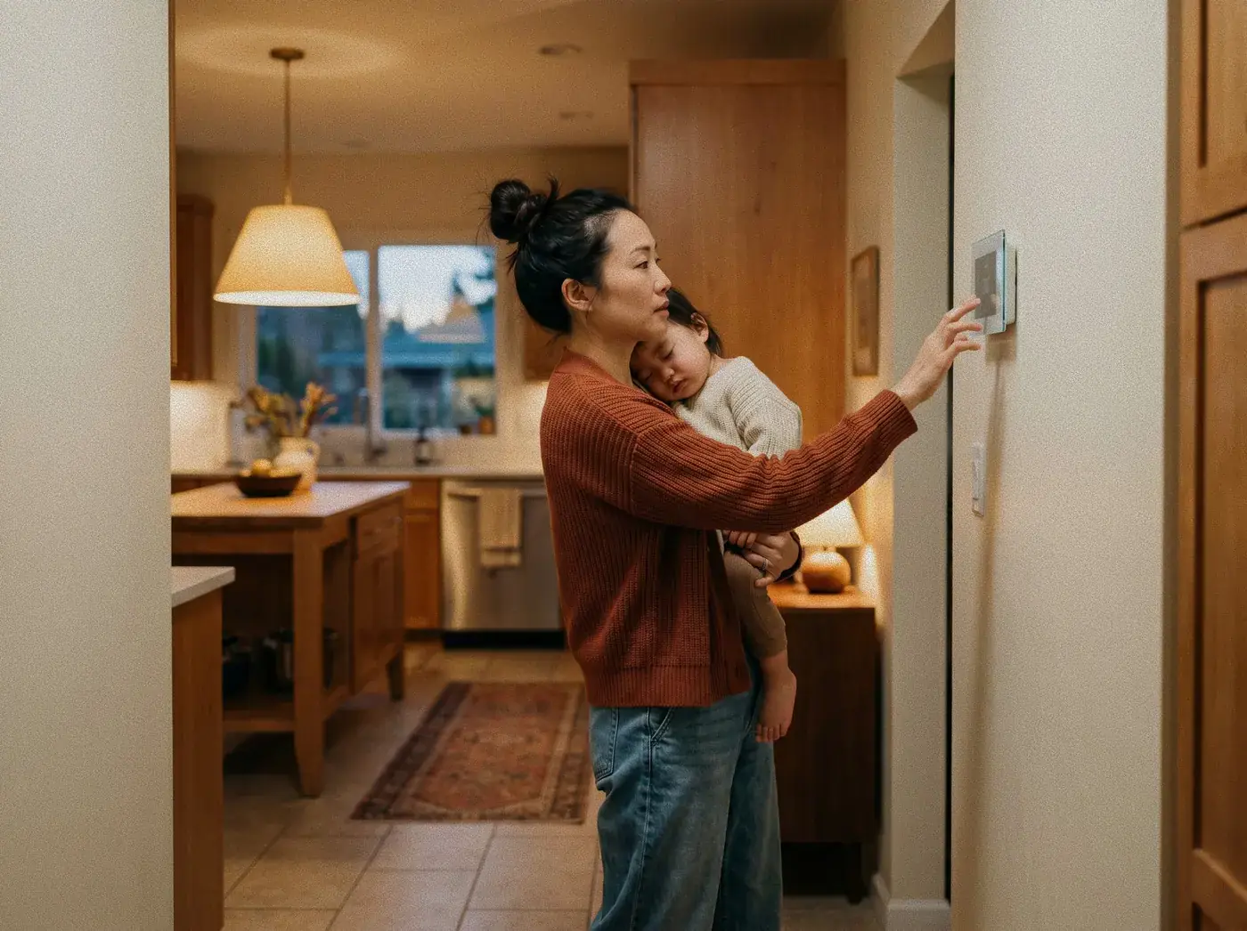 A mother holding her sleeping baby adjusts the thermostat in her kitchen