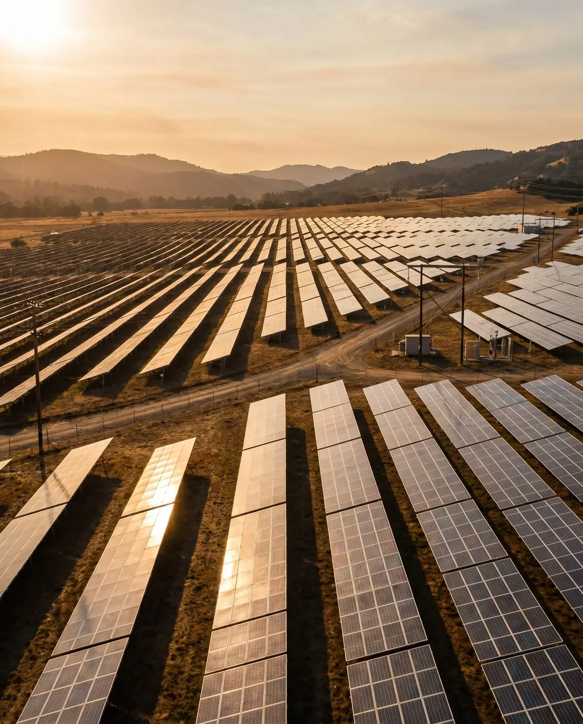 Rows of solar panels on a community solar farm at dusk