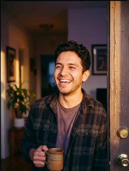 A smiling man holding a mug in his doorway