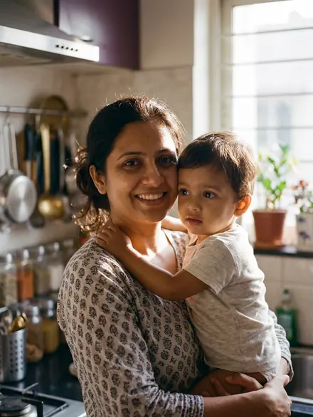 A mother holding her baby in the kitchen