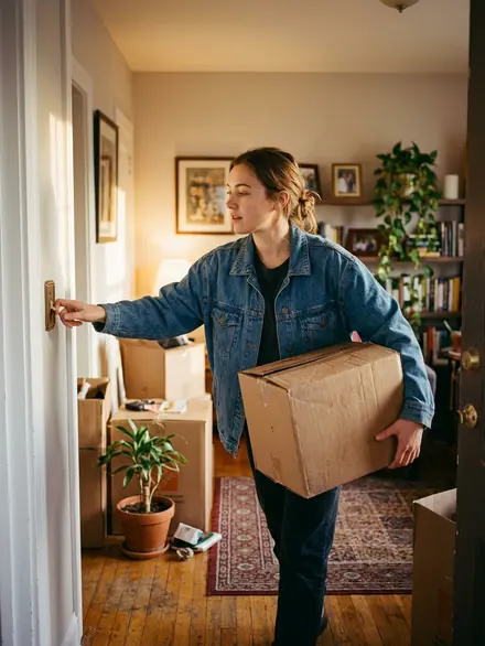 A woman carrying a moving box into her new apartment and switching on the light