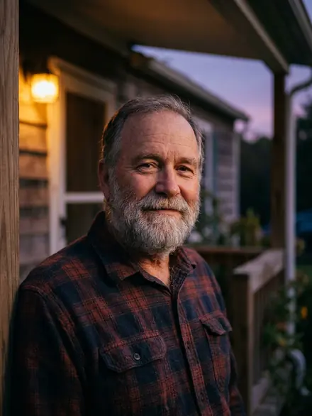 An older man smiling on his porch