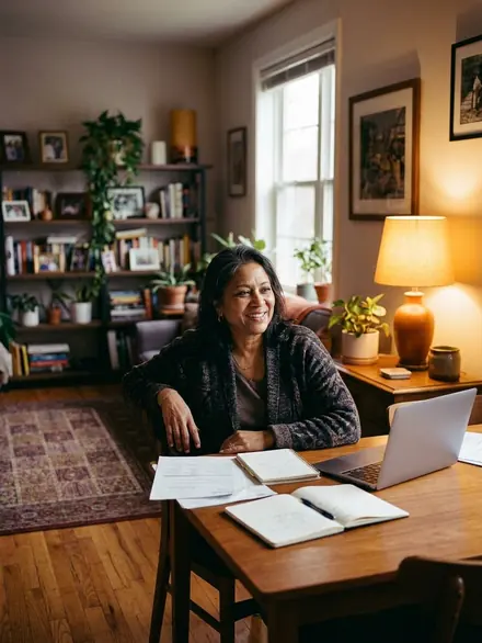 A woman at her kitchen table with paperwork and a laptop, smiling with relief