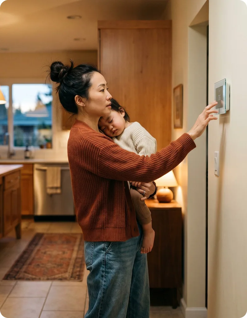 A mother holding her sleeping baby adjusts a wall thermostat