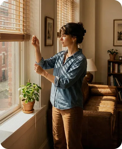 A woman opening the blinds of a sunny window at home