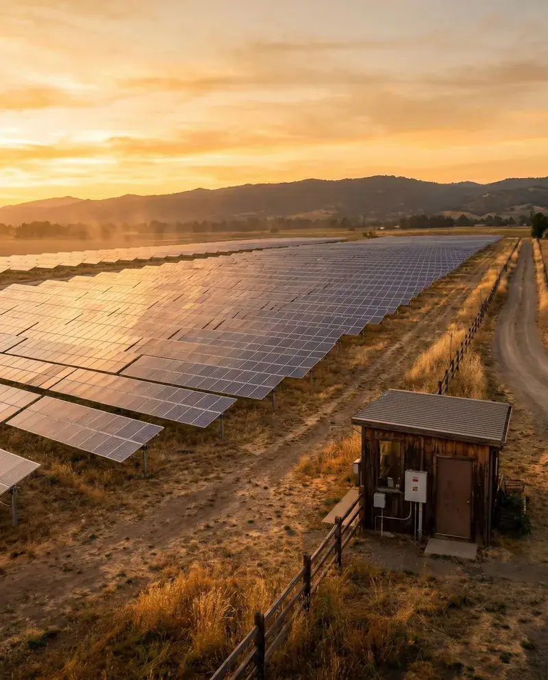 A solar farm stretching across a valley at sunset