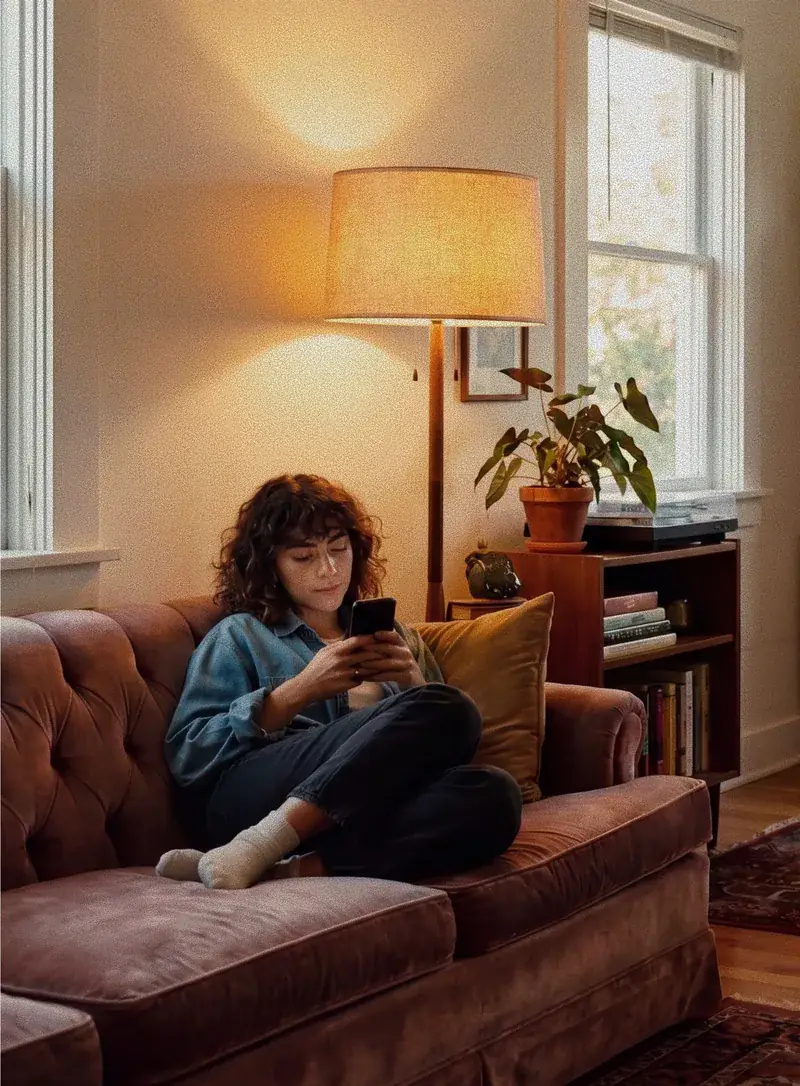 A woman relaxing on her sofa while checking her phone