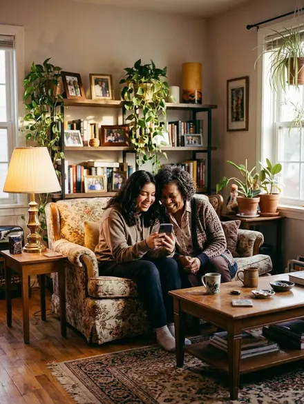 A teenager and her grandmother laughing at a phone on the couch