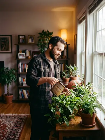 A man watering houseplants by a sunny window
