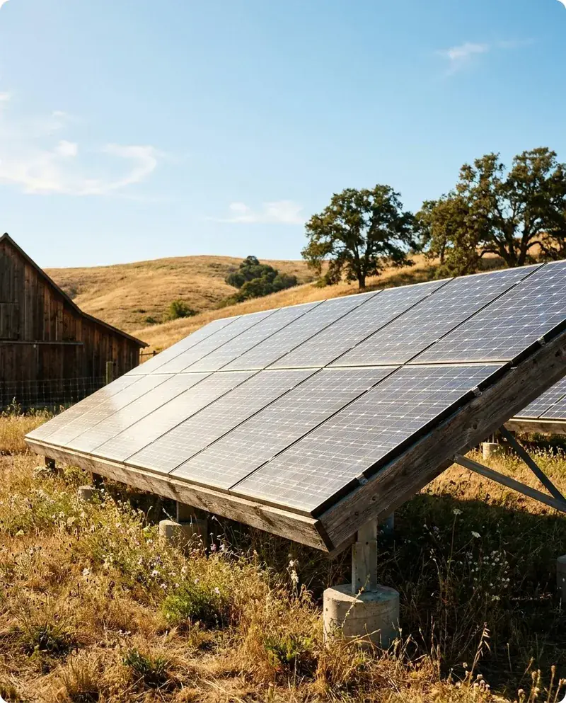 Solar panels in a golden field beside an old wooden barn