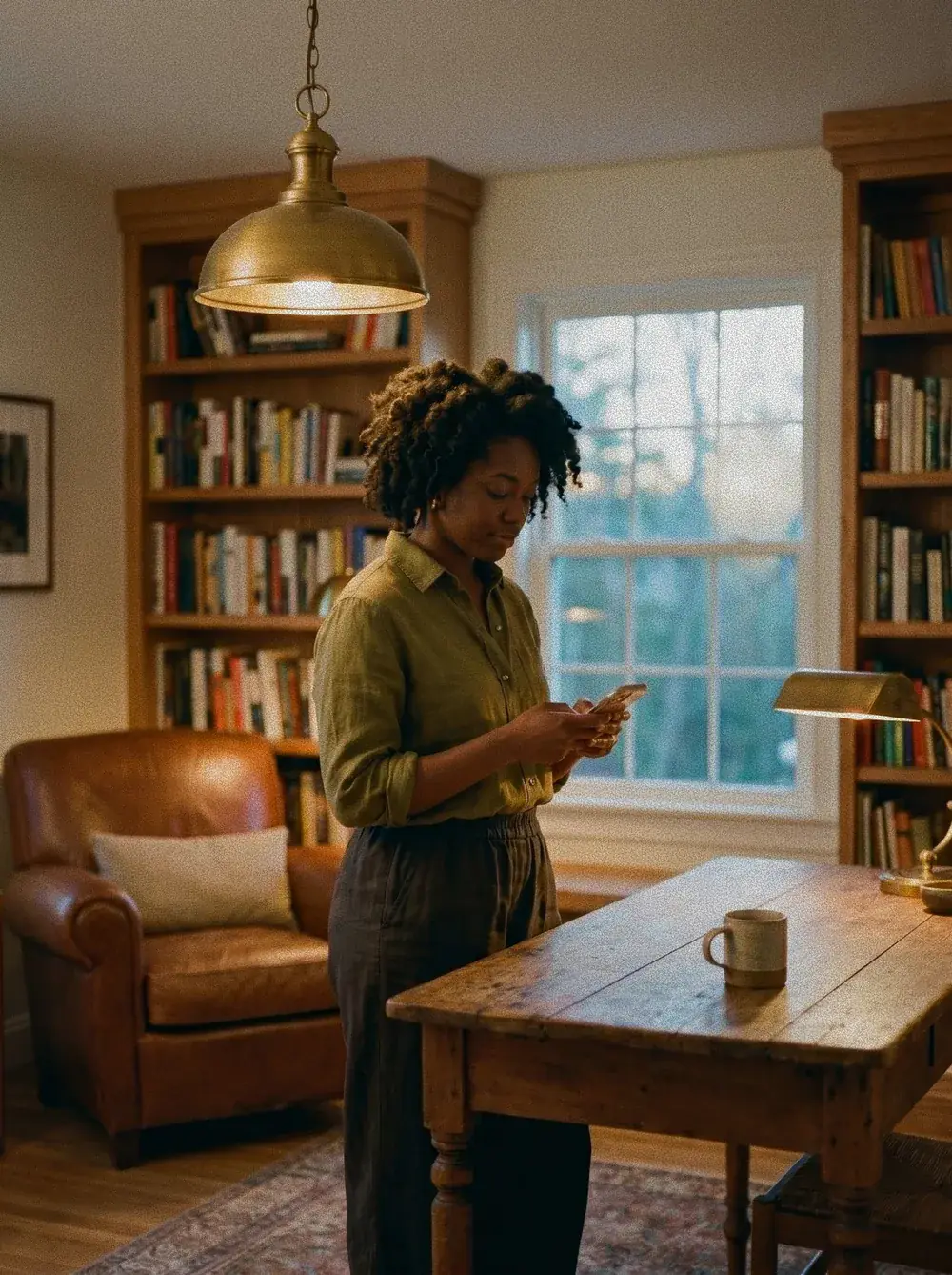 A woman reads her phone in a cozy home library