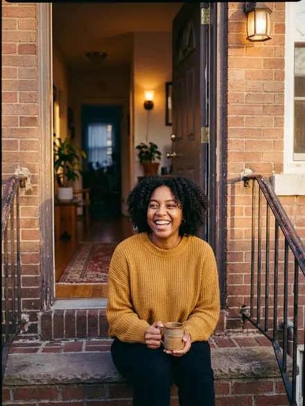 A woman laughing on her front steps with a mug